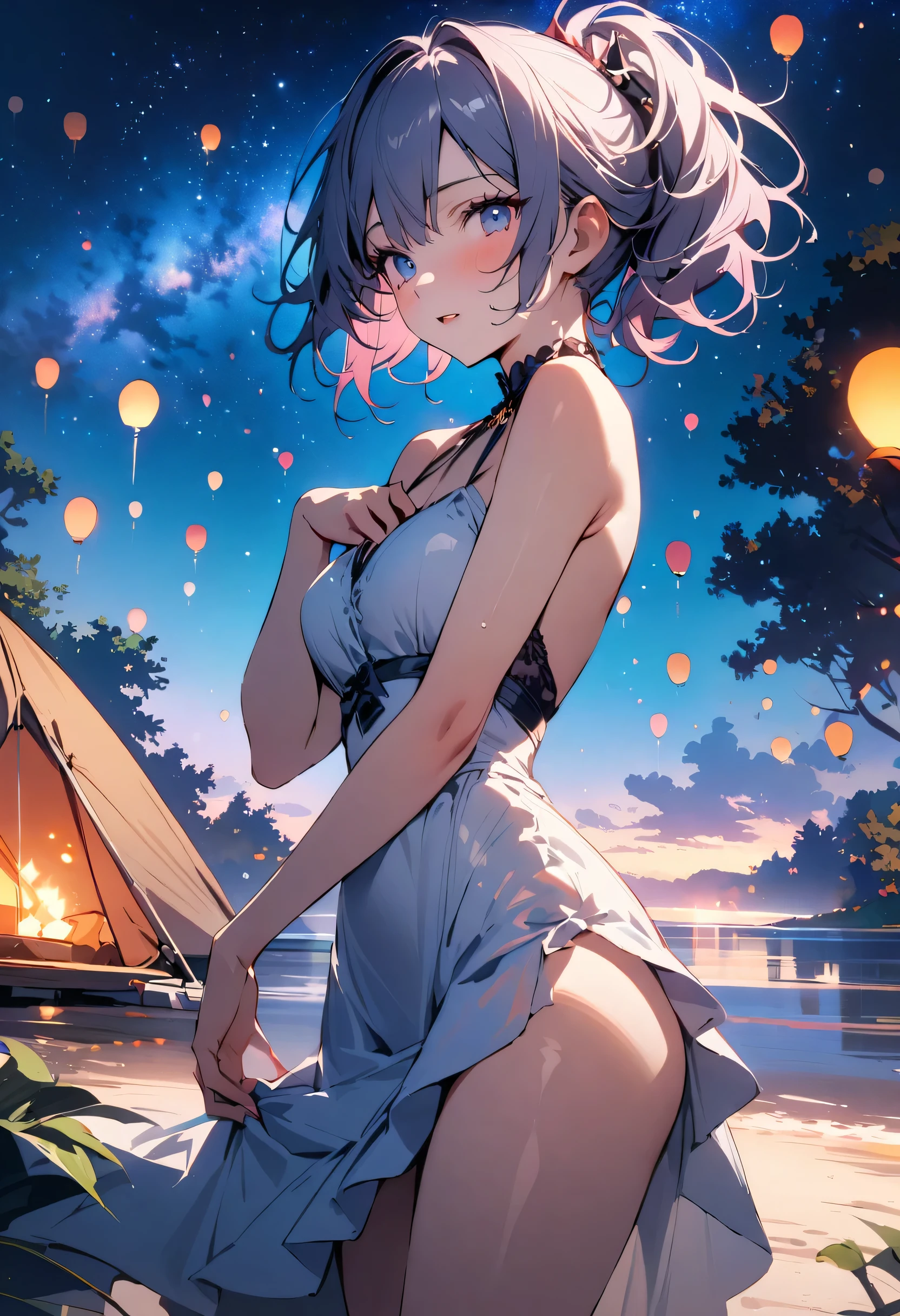masterpiece, highest quality, Illustrations for novels, High resolution, 18+ Adult content, Sensual, Intimate, Emotional, Passionate, romantic, sweet, Adorable, Innocent, Pure, Fascinating, Fascinating, attractive, Mysterious, Fascinating, Fascinating, Immersive, Fascinating, dream-like, Surreal, Imaginative, Whimsical, artistic, Avant-garde, timeless, elegant, Sophisticated, chic, Sophisticated, ((Cowboy Shot)),(((A woman camping under a starry sky)).