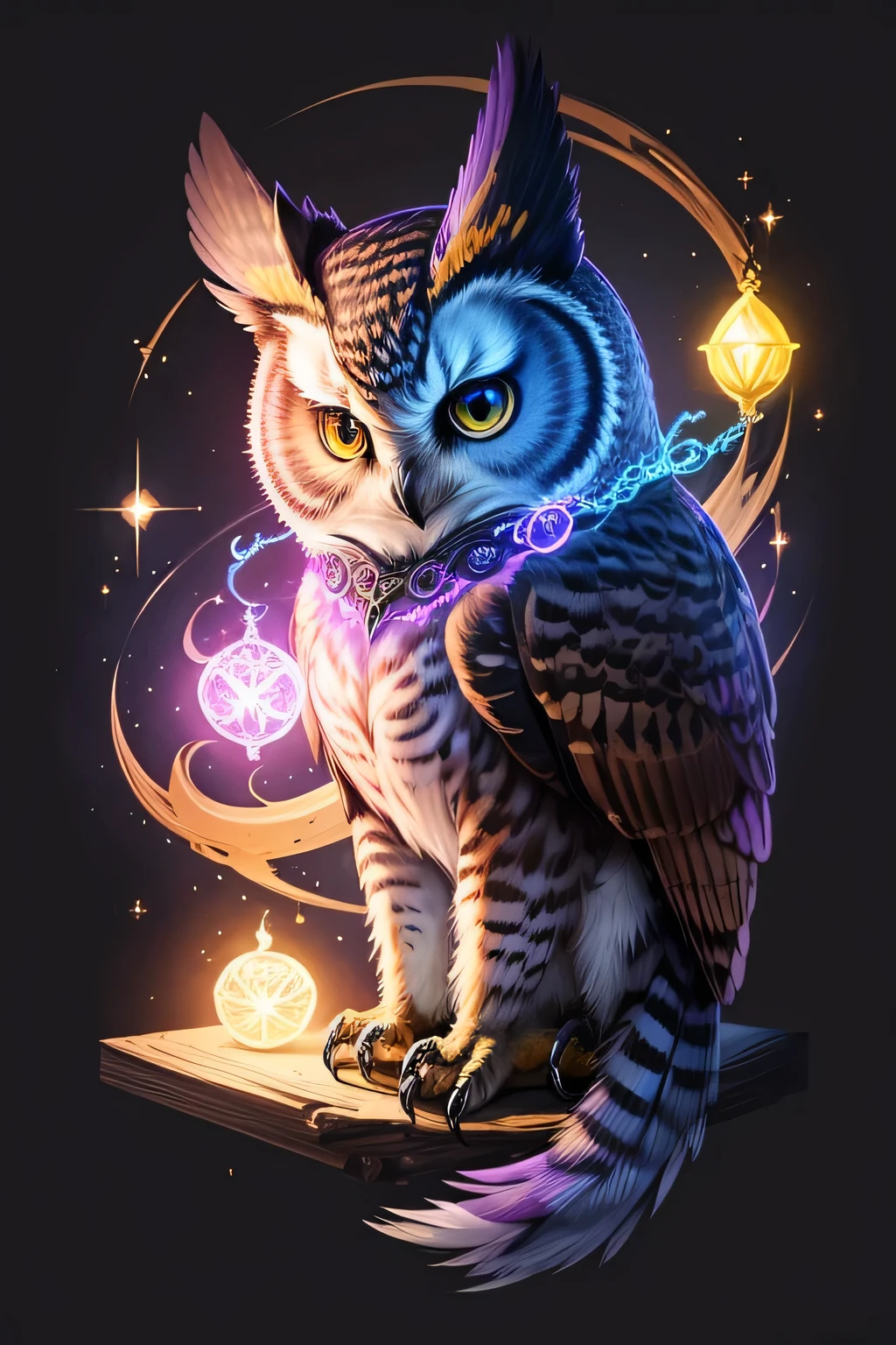 Colorful owl drawing on a black background,, Breathtaking Rendering, In a shining connection, Inspired by Kinuko Y. Crafting,, Magical Elements, Kitten Icon, oh, Is beautiful, Cast a variety of spells, bright flash, flash  