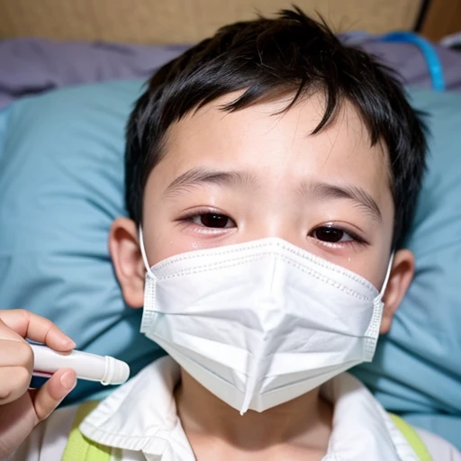 Handsome kindergarten boy with infectious disease、Appearance of suffering. He is wearing a white mask. He has a high fever. he is sleeping. He has a cough. He is exhausted. He is taking his temperature with a thermometer. He is dying. He is cooling his forehead with a cooling gel sheet..Are crying