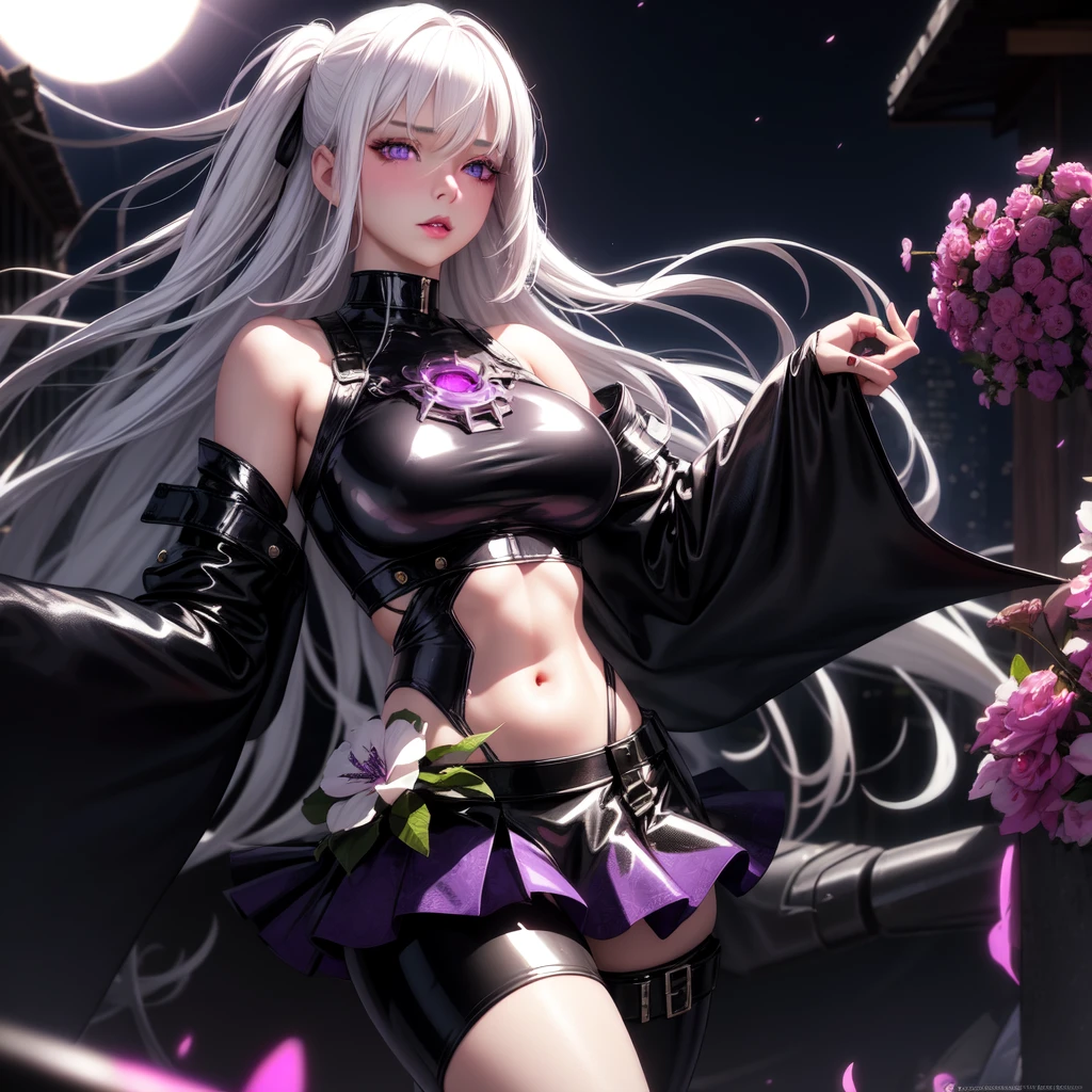 realistic, 1girl, white hair, purple eyes, glowing eyes, crop top, black latex, skirt, parted lips, blush, night, flowers, sun, sunlight,