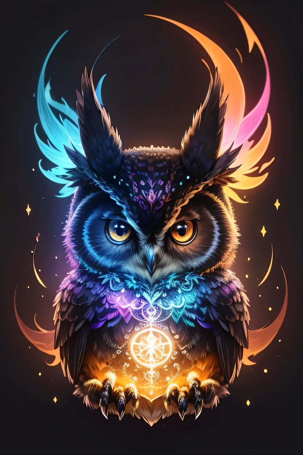 Colorful owl drawing on a black background,, Breathtaking Rendering, In a shining connection, Inspired by Kinuko Y. Crafting,, Magical Elements, Kitten Icon, oh, Is beautiful, Cast a variety of spells, bright flash, flash  