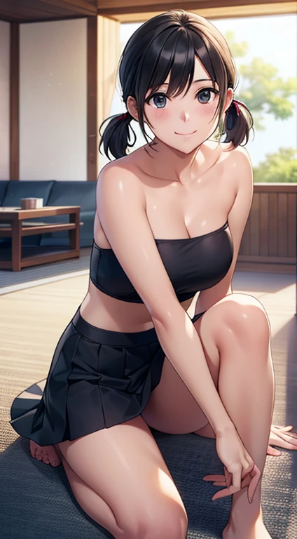 ((masterpiece, highest quality, High resolution, Hmm, Pixel perfect, Depth of written boundary, 4k, RTX, HDR))), 1 Girl, single, alone, Beautiful Anime Girls, , Beautiful art style, Sunburned skin, anime character,,(Black hair,,Low twin tails),Black Eye, Narrow eyes, (Smooth texture:0.75, Realistic texture:0.65, Realistic:1.1, Anime CG Style), Medium breast,Perfect body ,(Black Tube Top), mini skirt, smile, Sunburned skin,barefoot