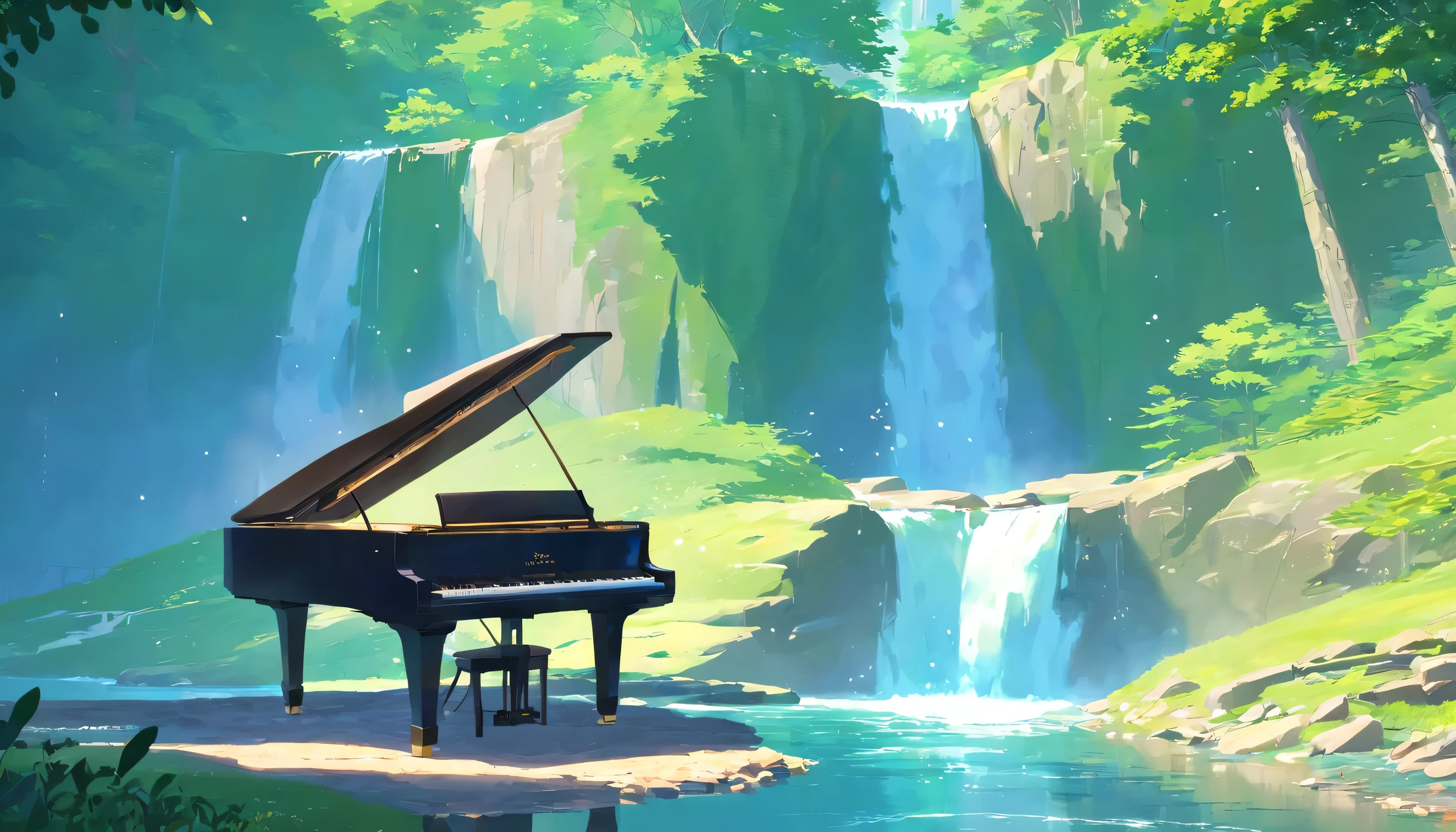 A grand piano placed beside a small stream flowing from a waterfall、Water is splashing from the waterfall、Fresh green tree々Sparkling、A piano in a safe place