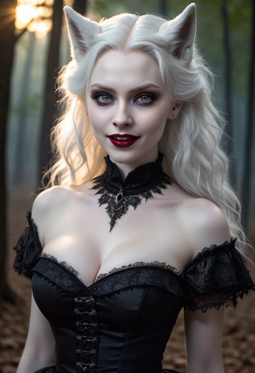 female vampire|albino,pale porcelain skin,Huge breast, vintage black dress, smile, the growling wolf, shallow depth of field, sadistic, nightfall, detailed face, night,wide hips,narrow waist,detailed eyes, portrait of woman standing,8k RAW photo, highest quality, looking at the viewer:1.3, best shadow, intricate details, bold hair:1.3,bright eyes,forest, grave,gothic,goth,thunder-storm:1.2,intricate details, detailed eyes, hdr:1,2, intricate details, hyperdetailed,