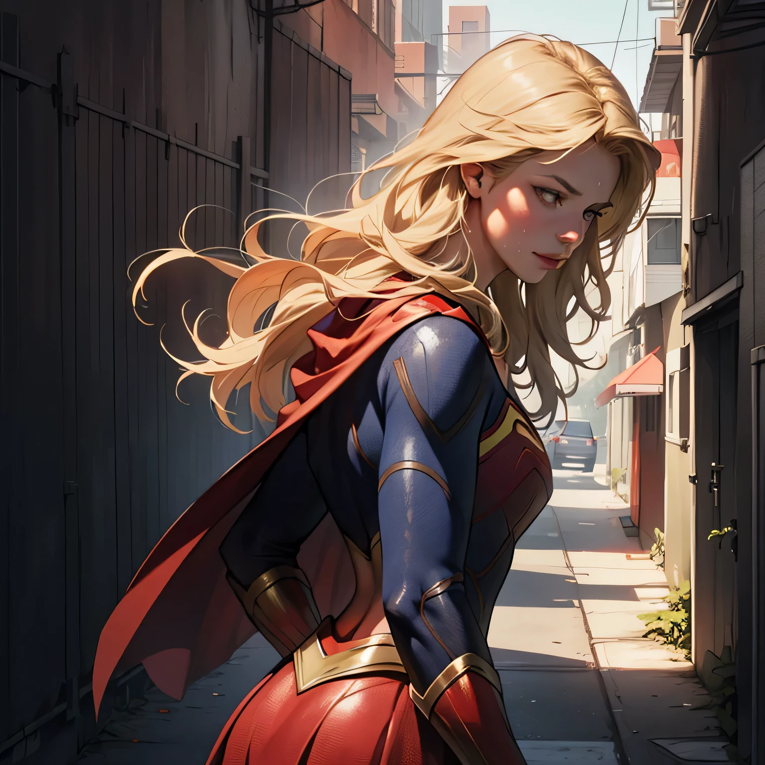 (masterpiece:1.3), (8k, Realistic, RAW Photos, highest quality: 1.4), Absurd, Charm, Ultra-high resolution, Ultra-realistic, Very detailed, Golden Ratio, (Realistic), (Best Shadow), Low contrast, (Complex:1.4), Side lighting, 8K, Beautiful Face, (Realistic Face), Beautiful hairstyle, Realistic eyes, Beautiful fine details, (Realistic Skin), Beautiful Skin, (One girl), ((Melissa Benoist)), ((SUPER GIRL)), (Accurate hand and finger depiction), Supergirl Women, (Blonde, Long Hair:1.4), ((Red cloak)), BREAK ((Facing forward)), (Sweat), BREAK ((A deserted back alley in the city)), ((New York cityscape)), ((Red brick building)), (Front view)