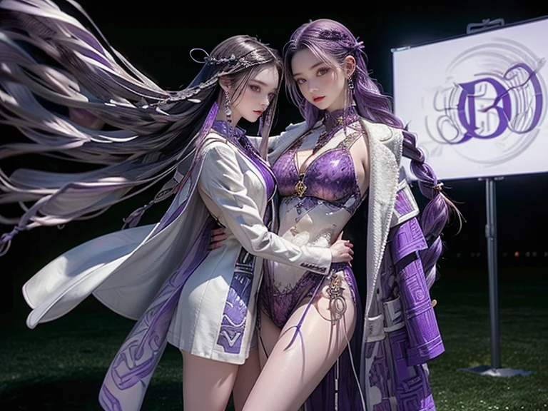 highest quality, Very detailed, masterpiece, hug,Two women hugging each other,(((Perfect female body))),Very beautiful face, Very beautiful body,Gentle expression, Very beautiful eyes,(Perfect Makeup:1.1),Fashion Model,Cyberpunk Fashion,Curly Hair,Shaggy Hair, (Drifting in the Wind,Very long braided hair dyed white and purple: 1.5),Pink and blue gradient:1.3, very thin body,Smart Abs,(Monogram pattern:1.3),Tech See-Through Blazer,Monogram patternロングレングススカート,anklet,Tech High Top Sneakers,A kind smile,Full body portrait,(Night in Cyber City), (Shiny skin),(Earrings),Long scarf with elegant pattern,Neon long shawl,Digital Feather,
