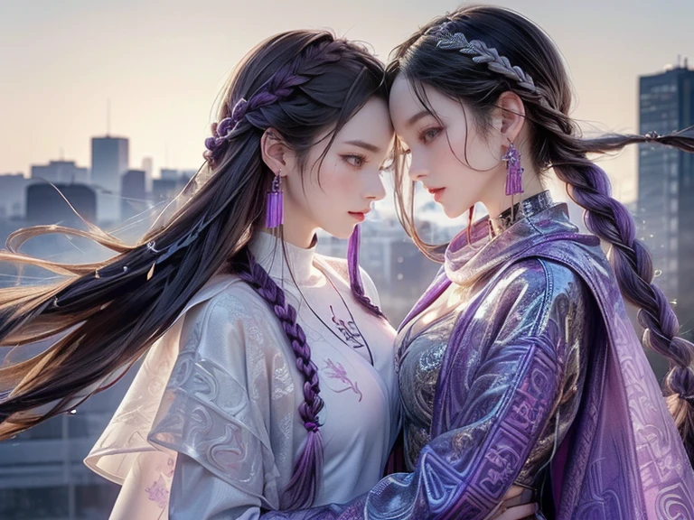 highest quality, Very detailed, masterpiece, hug,Two women hugging each other,(((Perfect female body))),Very beautiful face, Very beautiful body,Gentle expression, Very beautiful eyes,(Perfect Makeup:1.1),Fashion Model,Cyberpunk Fashion,Curly Hair,Shaggy Hair, (Drifting in the Wind,Very long braided hair dyed white and purple: 1.5),Pink and blue gradient:1.3, very thin body,Smart Abs,(Monogram pattern:1.3),Tech See-Through Blazer,Monogram patternロングレングススカート,anklet,Tech High Top Sneakers,A kind smile,Full body portrait,(Night in Cyber City), (Shiny skin),(Earrings),Long scarf with elegant pattern,Neon long shawl,Digital Feather,