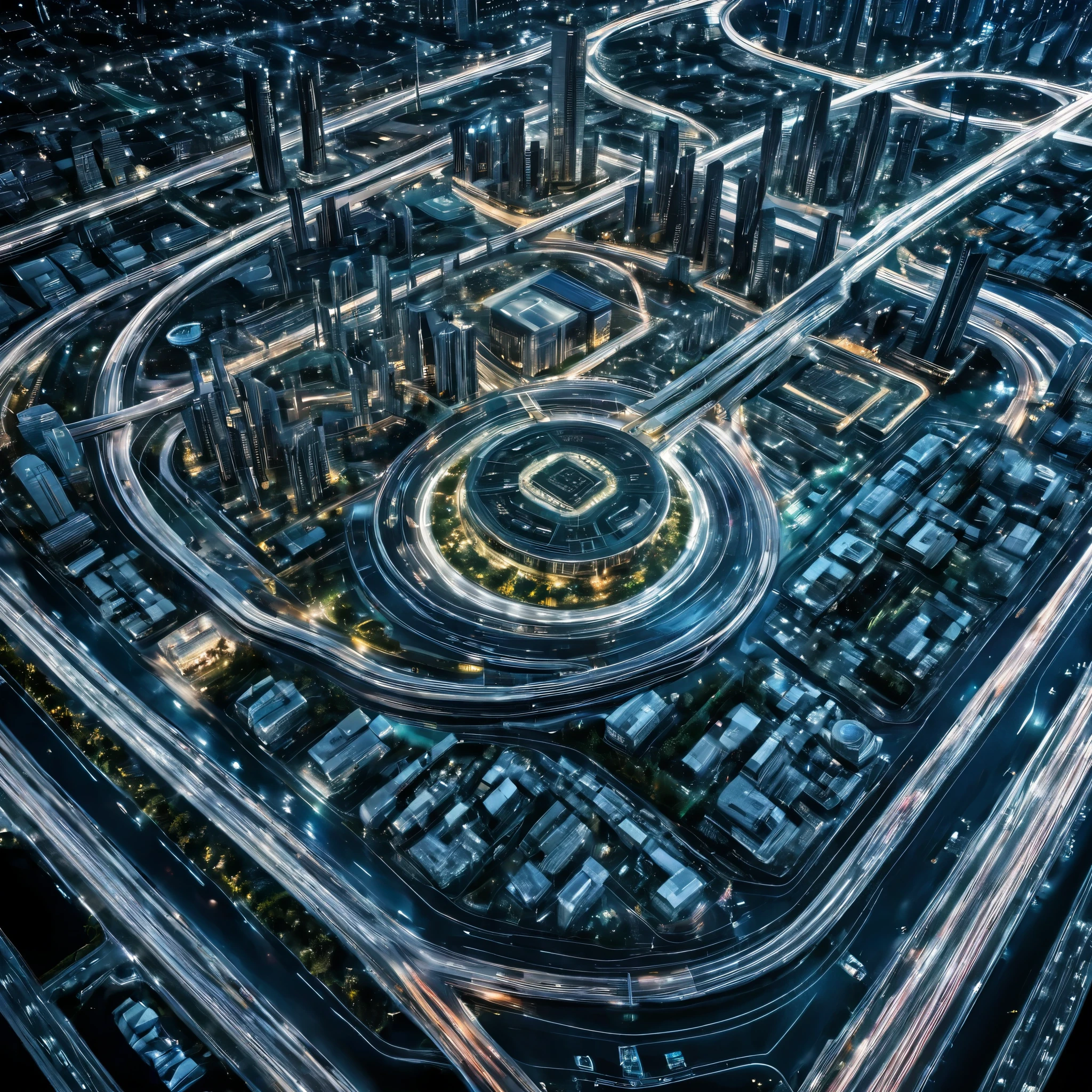 A highly detailed advanced computer circuit board where the chips are futuristic beautful buildings of chrome and glass and the pathways are highly organized highways with minature futuristic vehicles traveling them