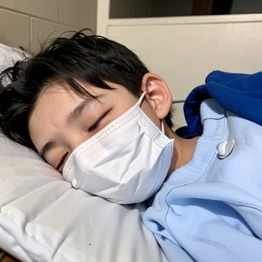 Handsome kindergarten boy with infectious disease、Appearance of suffering. He is wearing a white mask. He has a high fever. he is sleeping. He has a cough. He is exhausted. He is taking his temperature with a thermometer. He is dying. He is cooling his forehead with a cooling gel sheet..Are crying