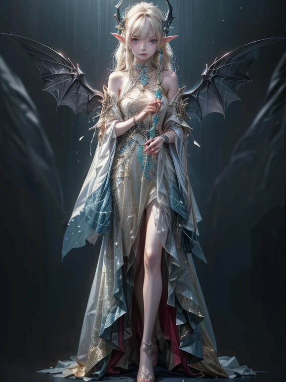 (anime face) (complex clothing details) (best quality) (masterpiece) female adult elf with dark blonde hair wearing a beautiful glowing dress with demonic Accessoires and gemstones and black silver armor details, wearing a beautiful glowing dress with demonic Accessoires and gemstones and black silver armor details, demon horns, purple armor, full body, wizard dress, elven dress