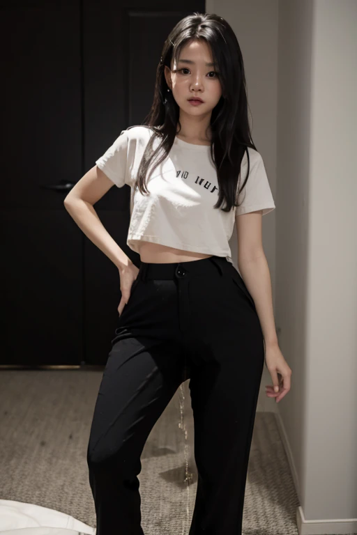 Malay Girl sees the ghost and pees her black culotte pants until her pants are wet in fright.