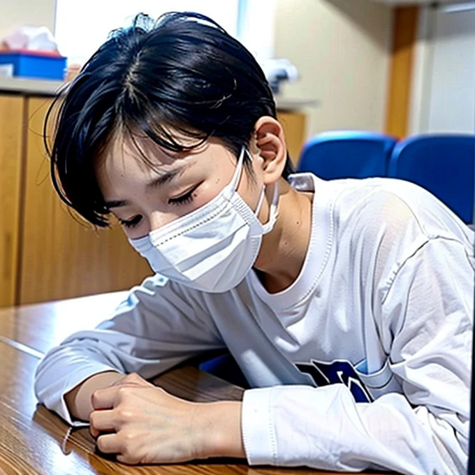 Handsome kindergarten boy with infectious disease、Appearance of suffering. He is wearing a white mask. He has a high fever. he is sleeping. He has a cough. He is exhausted. He is taking his temperature with a thermometer. He is dying. He is cooling his forehead with a cooling gel sheet..Are crying