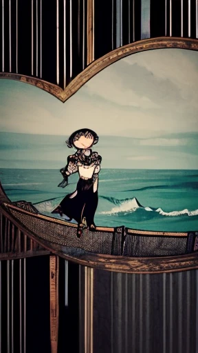 asoue, papercut, gothic, victorian, illustration, girl with big eyes, long black hair, pinstripe victorian dress, boots, misty seascape, flat, paper style, subtle eye pattern
