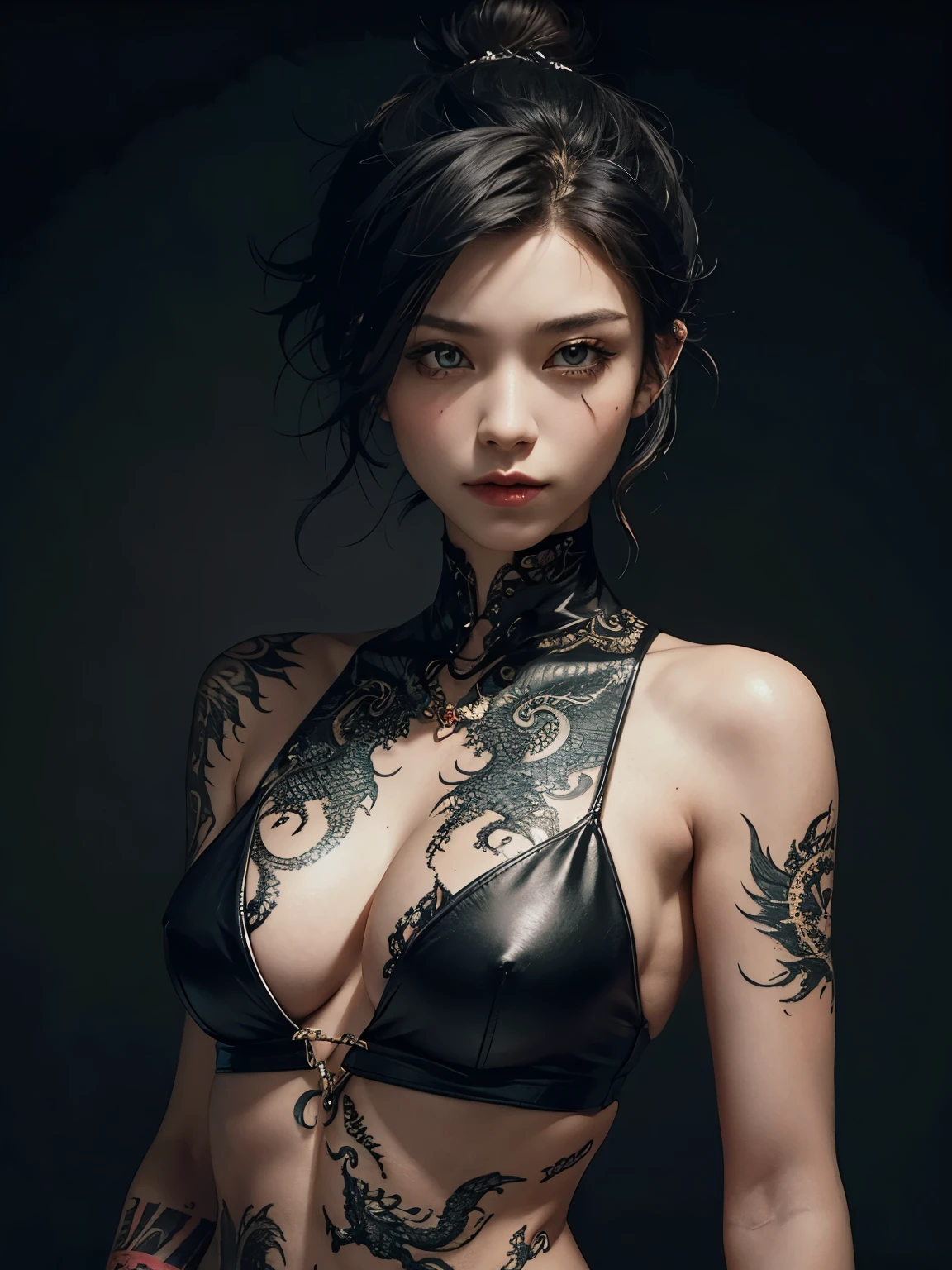 Woman with dragon tattoo on her body。