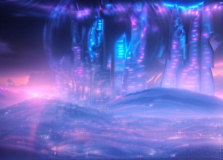 Masterpiece, 12k, uhd, photorealistic, a ultra beautiful suggestive landscape, with snow hills, snow land, futuristic metropolis in background, with skycrapers, night sky with stars, pink boreal aurora in the sky, light neon effects, cyberpunk dreaming atmosphere, (3D rendering buildings), seems real, blue and pink sky and snow colors