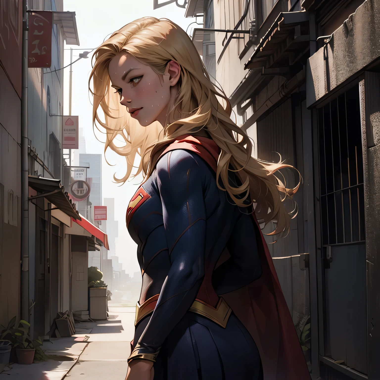 (masterpiece:1.3), (8k, Realistic, RAW Photos, highest quality: 1.4), Absurd, Charm, Ultra-high resolution, Ultra-realistic, Very detailed, Golden Ratio, (Realistic), (Best Shadow), Low contrast, (Complex:1.4), Side lighting, 8K, Beautiful Face, (Realistic Face), Beautiful hairstyle, Realistic eyes, Beautiful fine details, (Realistic Skin), Beautiful Skin, (One girl), ((Melissa Benoist)), ((SUPER GIRL)), (Accurate hand and finger depiction), Supergirl Women, (Blonde, Long Hair:1.4), ((Red cloak)), BREAK ((Facing forward)), (Sweat), BREAK ((A deserted back alley in the city)), ((New York cityscape)), ((Red brick building)), (Front view)