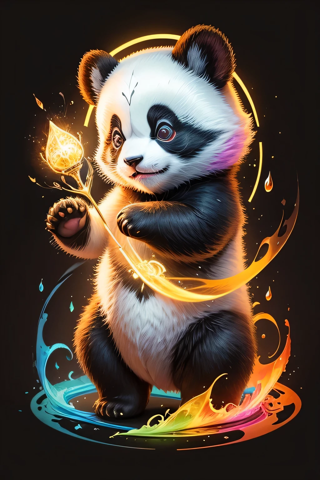Colorful drawing of a panda on a black background,, Breathtaking Rendering, In a shining connection, Inspired by Kinuko Y. Crafting,, Magical Elements, Kitten Icon, oh, Is beautiful, Cast a variety of spells, bright flash, flash