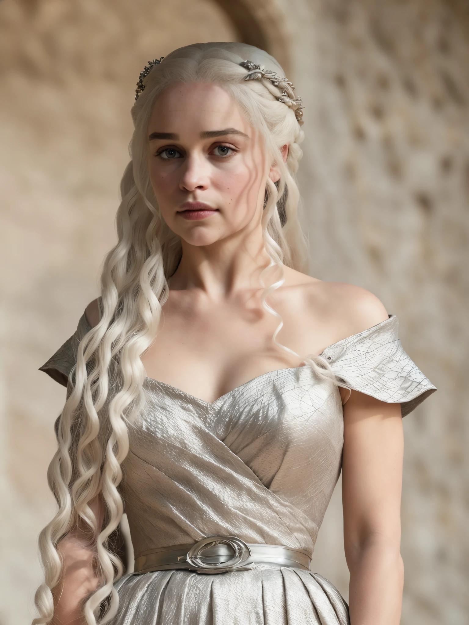 Solo woman, Linen cloth, linen dress, dress inspired by mediaeval period Royal lady, mediaeval maid linen dress, Royal Satin dress, Perfect eyes, flawless Beauty, pierced eyes, Masterpiece, Daenerys Targaryen, Gorgeous woman, queen, Queen Lady, Princess of Dragonstone, beautymarks on breast, The Unburnt, Queen of Meereen, Queen of the Andals, the Rhoynar and the First Men (claimant), Protector of the Seven Kingdoms (claimant), Khaleesi of the Great Grass Sea, Breaker of Shackles, Mother of Dragons, The One Who Was Promised, Lady of Dragonstone , 40 years Old, she is a Full growned lady now, beautiful mature lady, the queen, milf beauty, mature queen, Best quality, a small, charming Beauty, a captivating woman, fully ripen milf body, lustful queen, alluring appearance, unrivaled beauty, wonderful breasts, large breasts, mediaeval erotic costumes, a Game of Thrones-inspired costume, a close-up of a woman from the middle ages, Daenerys Targaryen, Daenerys, resembles Emilia Clarke, Emilia Clarke, scene from "Game of Throne," deep cleavage, warrior princess, healthy body, perfect thick body, attractive figure, fleshy body, style of "Game of Throne," beautiful lady, beautiful woman, mediaeval clothes, stunning woman, 8K, insane details, dress made of clothes and jewelry, perfect hair, styled hair, high clarity eyes, perfect hands, perfect fingers, perfect eyes, single female, silver white hair,