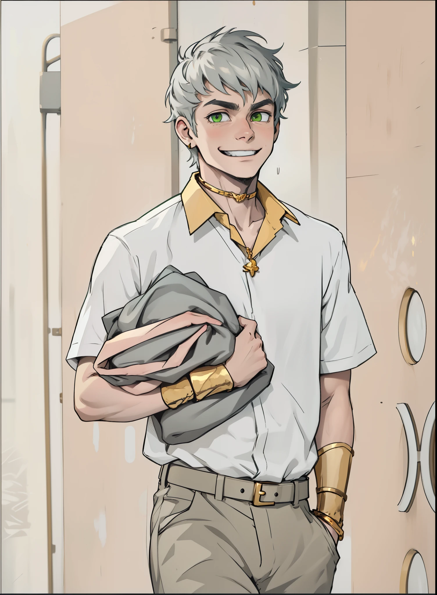 green eyes 17 years old smiles mischievously sees someone has golden jewelry golden bracelets white hair
