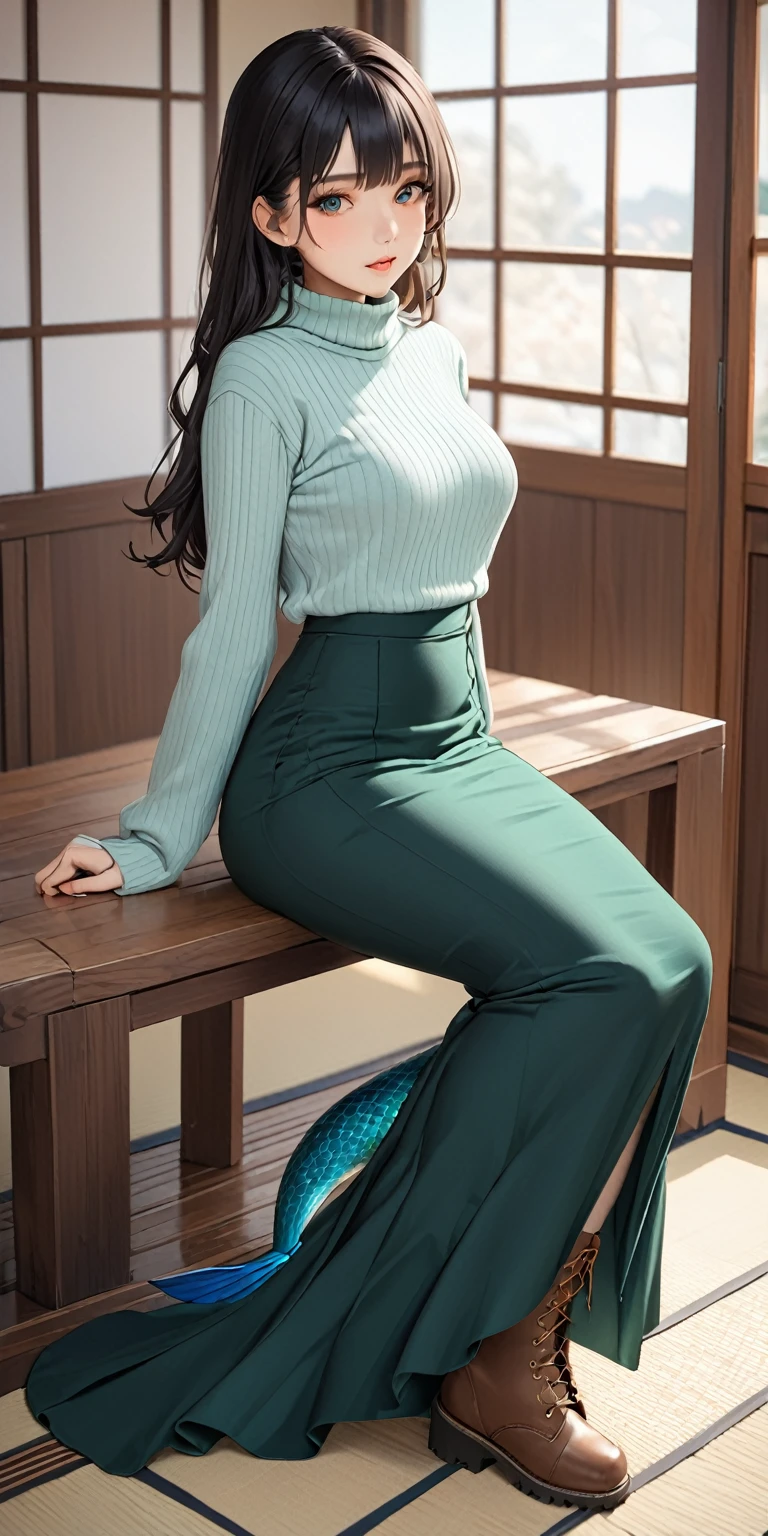 (masterpiece,highest quality,超A high resolution),Japanese women, (((Very beautiful 25 year old girl))),Mermaid-style high-waisted long skirt、The length of the skirt is up to the ankle、The skirt fits snugly to the body、Long sleeve sweater、boots、