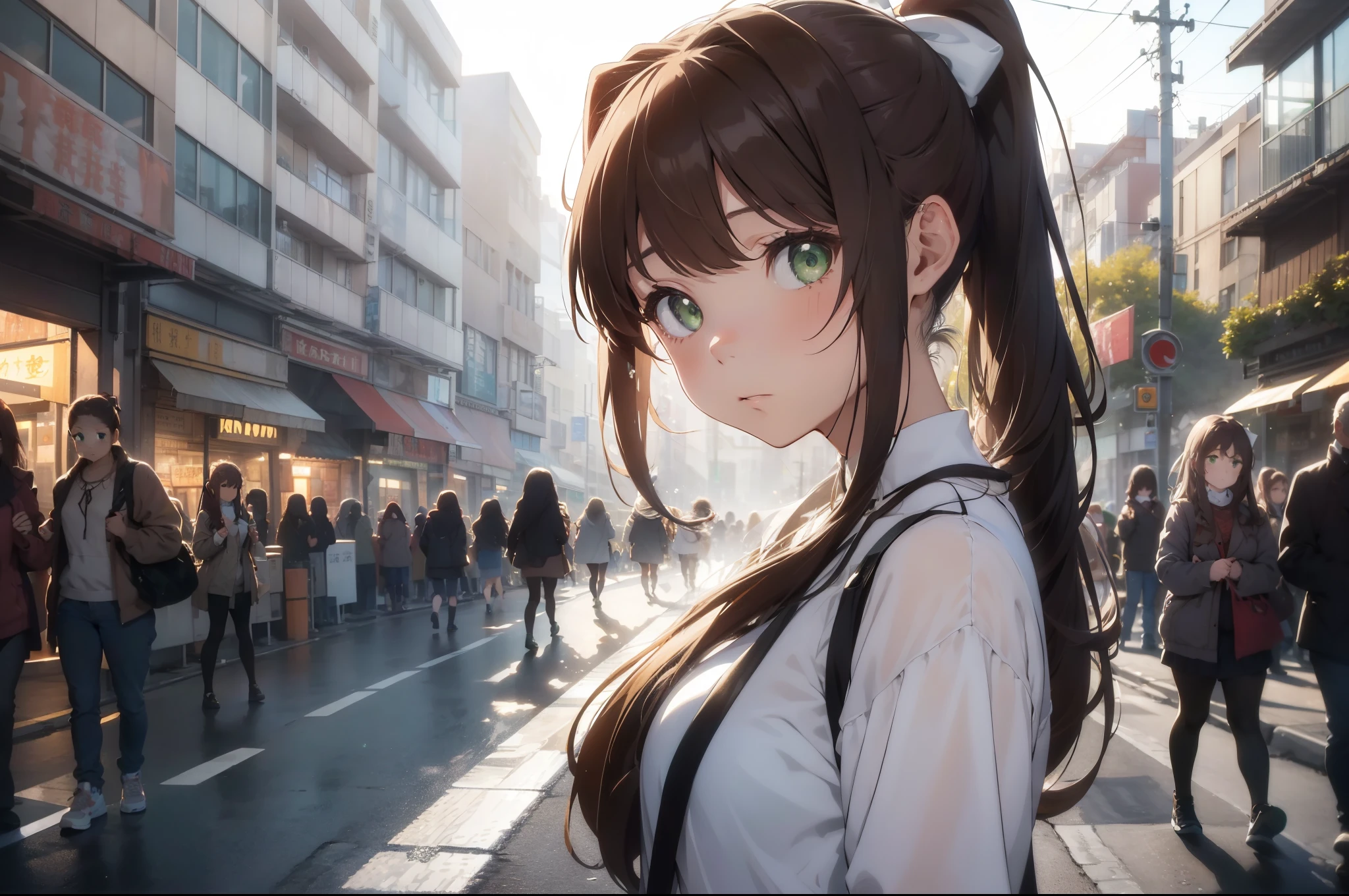 (masterpiece, best quality), (monika, green eyes, brown hair, very long hair, ponytail, hair ribbon, white ribbon), A girl with worried face makes her way through the crowd on a busy morning street. The camera below captures her gaze full of anxiety. The rays of the rising sun, breaking through the morning haze, fall on her pale skin, emphasizing her green eyes staring into the distance. The surrounding people are blurred, creating a cinematic effect that emphasizes the loneliness of the girl in this urban bustle.