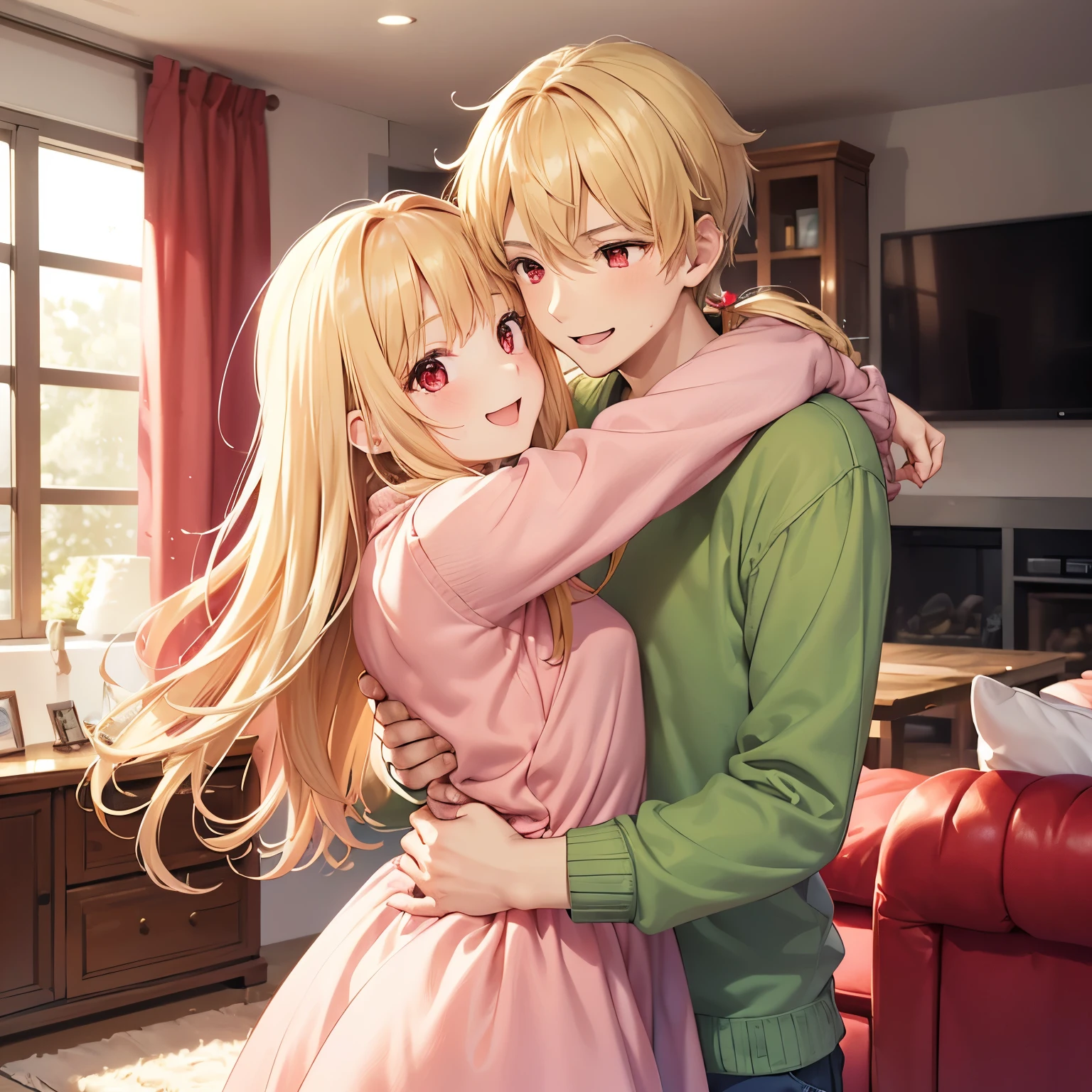 Couple,boy and girl,face to face,Big hug, big hug,In the living room, look at each other,smile (girl with long blonde hair,Dusty pink dress, short dress, long sleeve dress, knitted dress, red eyes)(boy with short blonde hair,Green shirt, white trousers,red eyes, messy hair)