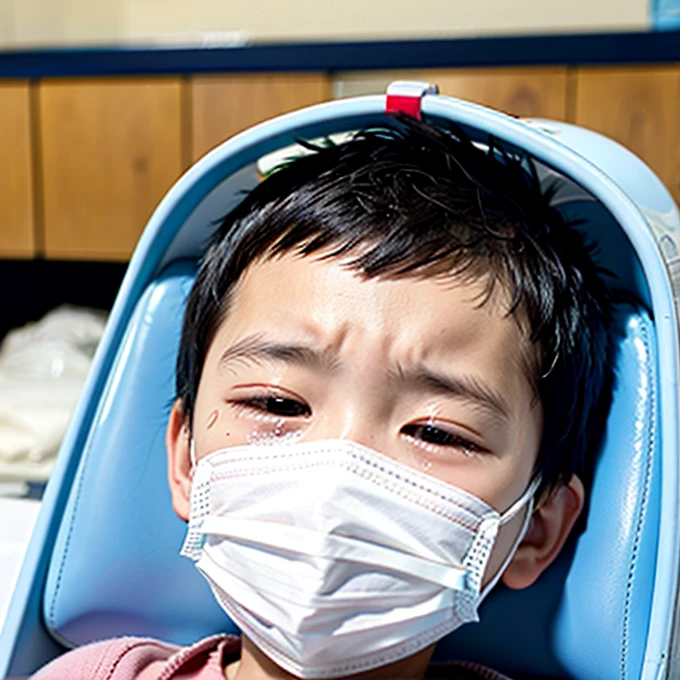 Handsome  with infectious disease、Appearance of suffering. He is wearing a white mask. He has a high fever. he is sleeping. He has a cough. He is exhausted. He is taking his temperature with a thermometer. He is dying. He is cooling his forehead with a cooling gel sheet..Are crying