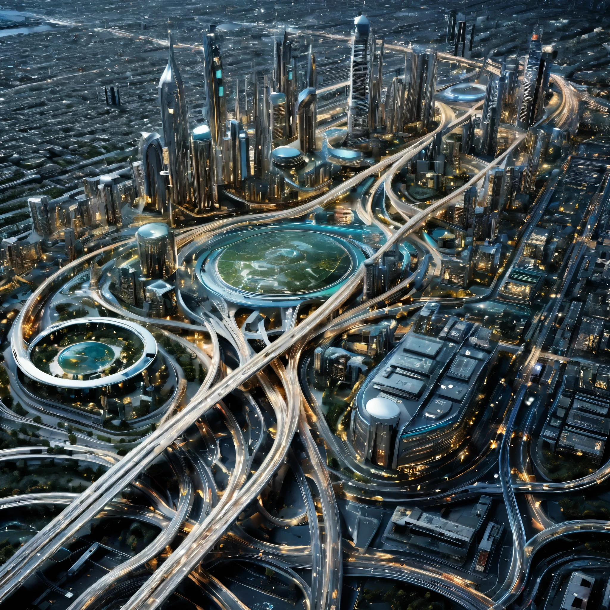A highly detailed advanced computer circuit board where the chips are futuristic beautful buildings of chrome and glass and the pathways are highly organized highways with minature futuristic vehicles traveling them