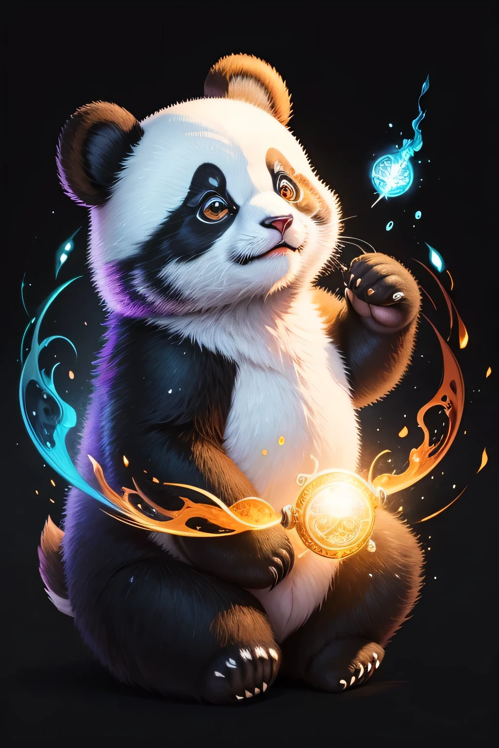 Colorful drawing of a panda on a black background,, Breathtaking Rendering, In a shining connection, Inspired by Kinuko Y. Crafting,, Magical Elements, Kitten Icon, oh, Is beautiful, Cast a variety of spells, bright flash, flash