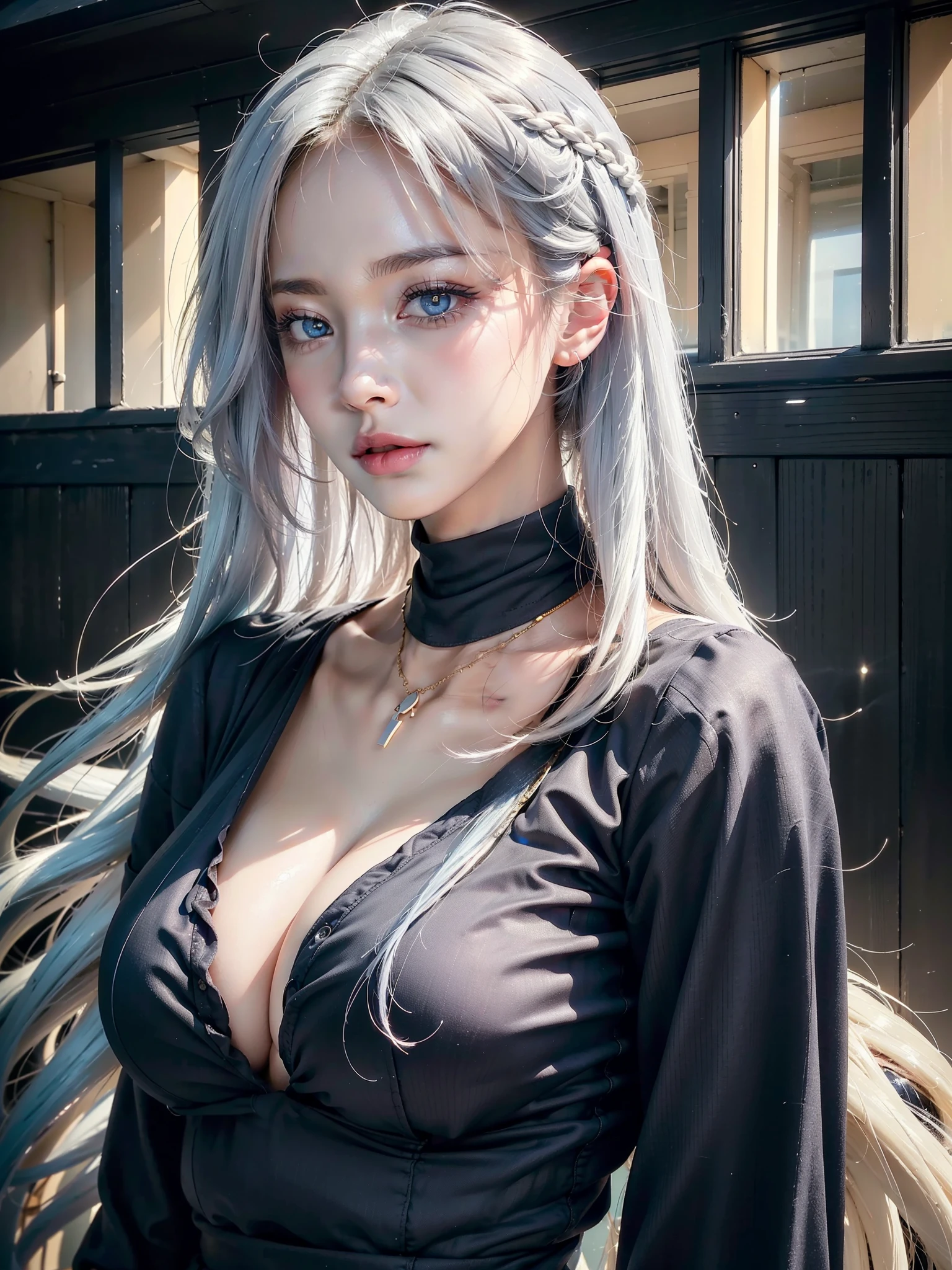 (8k, RAW photos, top quality, masterpiece: 1.2), (realistic, photorealistic: 1.37), (High Quality), (Ultra realistic), (High Details), (Face detail), (Shadow Detail), 1 girl, solo, eyeliner, eyeshadow, light blue eyes, white hair, long hair, gold necklace, pink Lips, Blush, (Extreamly Face Detailed), (Ultra Face Detailed), (close up), (side view : 1.3), darkness, low lighting, face down, (glowing eyes : 1.3)