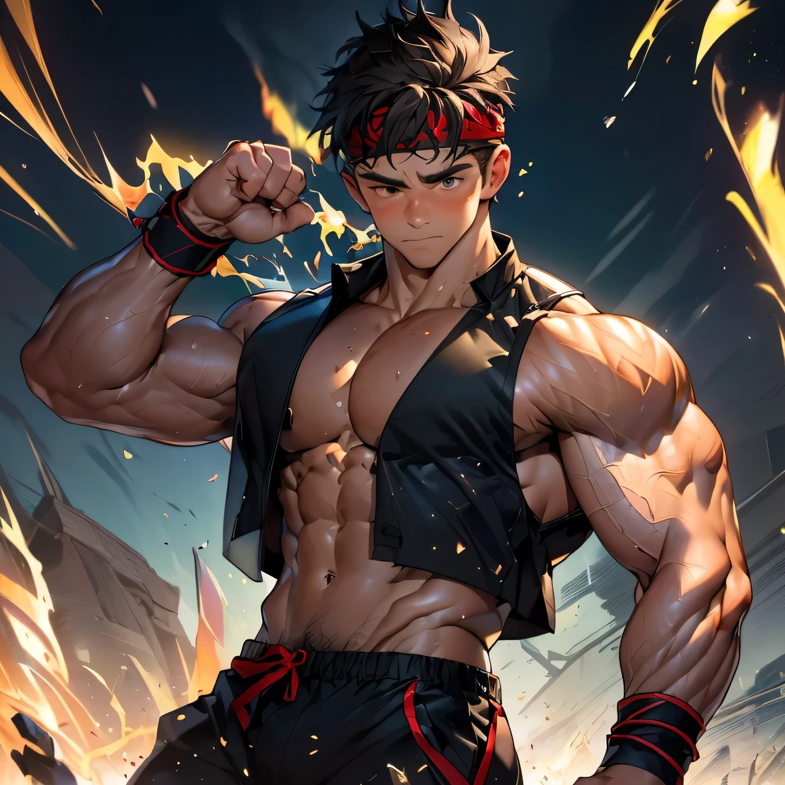 (Masterpiece, Best quality 19 year old boy, black background, bust shot, looking away), solo, Young, boy, muscler, Shirtless, topless, (Dark Short straight hair, under cut, brown eyes), (red headband, ((black wristband, very very short length tight open vest, blown mantle))), Vivid colors, (hot Abs:1.2, abs!, big abs, big breast:1.2, chest!, muscler upper arms), (topless male), muscler!, muscler, muscler body, (aura power:1.4), detailed face, detailed muscle, (((A magical mystical aura, rippling muscles, fighting pose)))