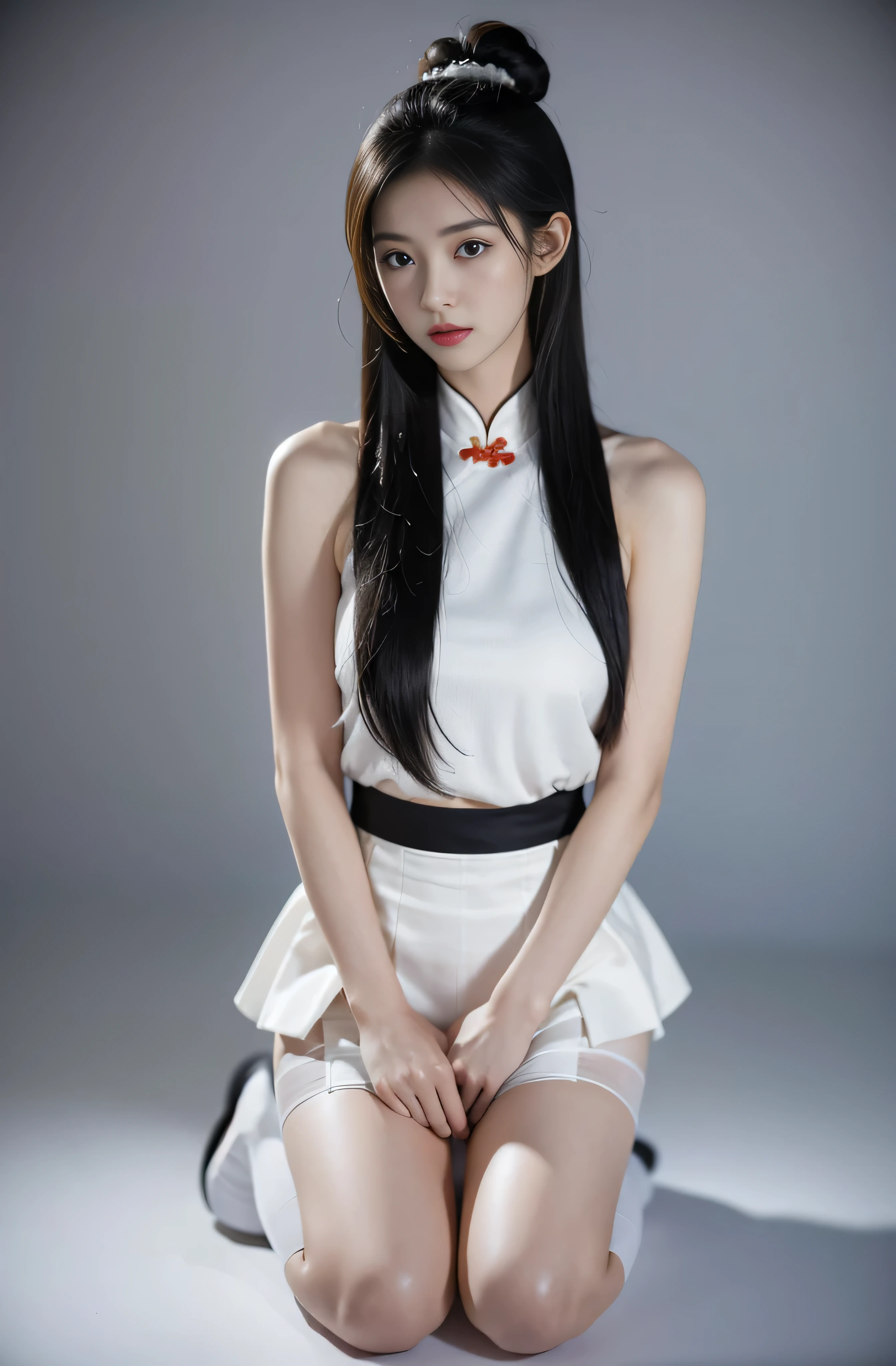 1 Girl, Black Hair, looking at the audience, Chinese clothes, Keep, skirt, Solitary focus, long hair, black eyes, Practical, Bare shoulders, Bare thighs，white skirt, whole body, Blurred background, Solitary，Kneeling，Wearing thin white stockings