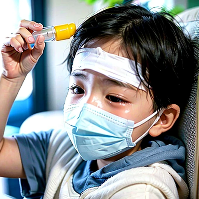 Handsome kindergarten boy with infectious disease、Appearance of suffering. He is wearing a white mask. He has a high fever. he is sleeping. He has a cough. He is exhausted. He is taking his temperature with a thermometer. He is dying. He is cooling his forehead with a cooling gel sheet..Are crying