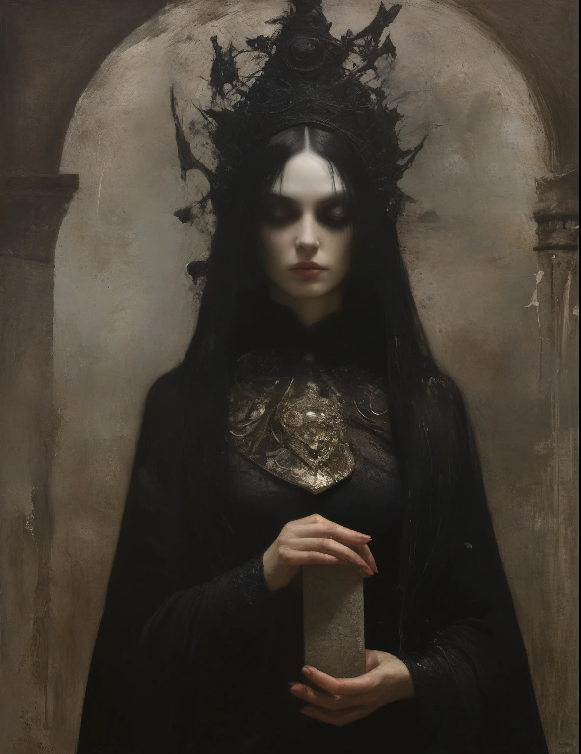 James Gurney, Surrealist art , dream-like, Mysterious, Provocative, symbolic, Complex, detailed,, (Gothic but very beautiful:1.4), (masterpiece, highest quality:1.4) , Nicola Samori Style, Queen of Swords
