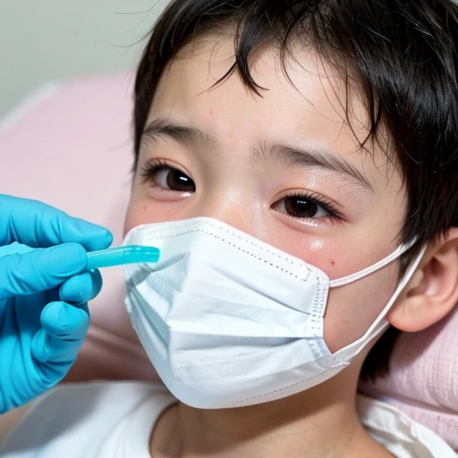 Handsome kindergarten boy with infectious disease、Appearance of suffering. He is wearing a white mask. He has a high fever. he is sleeping. He has a cough. He is exhausted. He is taking his temperature with a thermometer. He is dying. He is cooling his forehead with a cooling gel sheet..Are crying