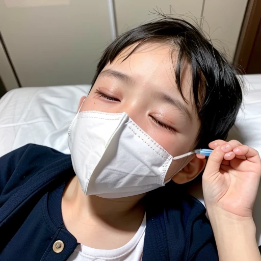 Handsome kindergarten boy with infectious disease、Appearance of suffering. He is wearing a white mask. He has a high fever. he is sleeping. He has a cough. He is exhausted. He is taking his temperature with a thermometer. He is dying. He is cooling his forehead with a cooling gel sheet..Are crying