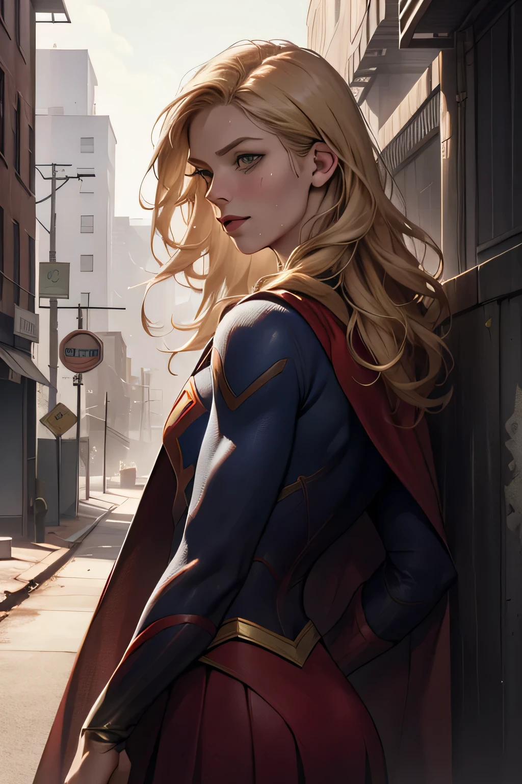 (masterpiece:1.3), (8k, Realistic, RAW Photos, highest quality: 1.4), Absurd, Charm, Ultra-high resolution, Ultra-realistic, Very detailed, Golden Ratio, (Realistic), (Best Shadow), Low contrast, (Complex:1.4), Side lighting, 8K, Beautiful Face, (Realistic Face), Beautiful hairstyle, Realistic eyes, Beautiful fine details, (Realistic Skin), Beautiful Skin, (One girl), ((Melissa Benoist)), ((SUPER GIRL)), (Accurate hand and finger depiction), Supergirl Women, (Blonde, Long Hair:1.4), ((Red cloak)), BREAK ((Facing forward)), (Sweat), BREAK ((A deserted back alley in the city)), ((New York cityscape)), ((Red brick building)), (Front view)