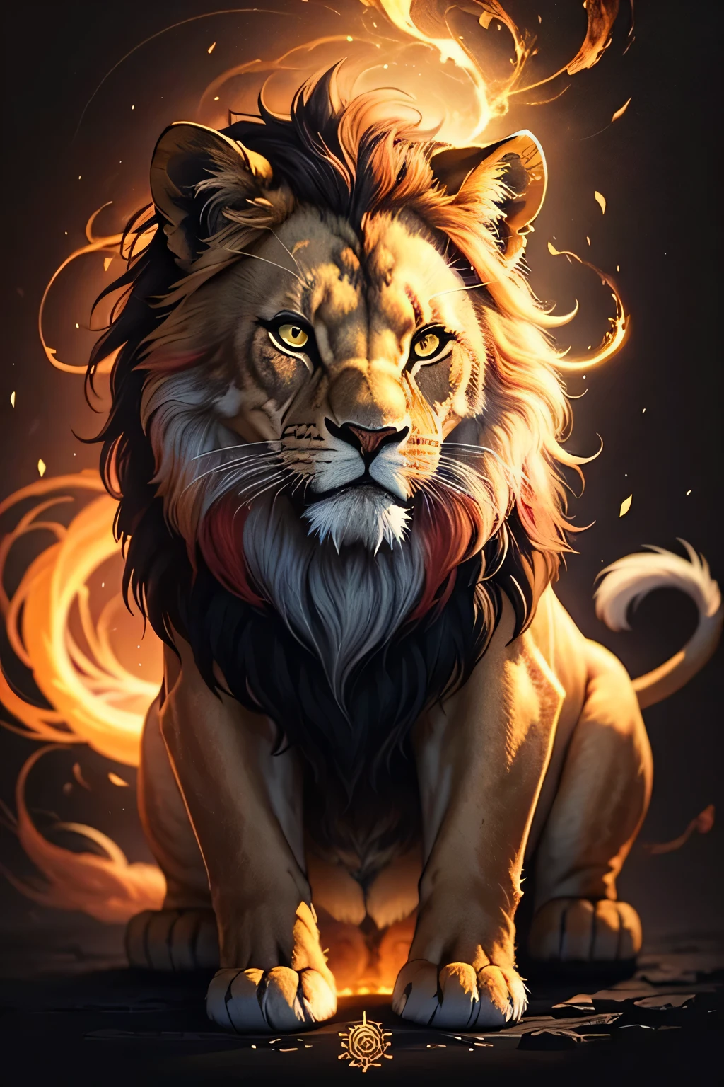 Colorful lion painting on a black background,, Breathtaking Rendering, In a shining connection, Inspired by Kinuko Y. Crafting,, Magical Elements, Kitten Icon, oh, Is beautiful, Cast a variety of spells, bright flash, flash