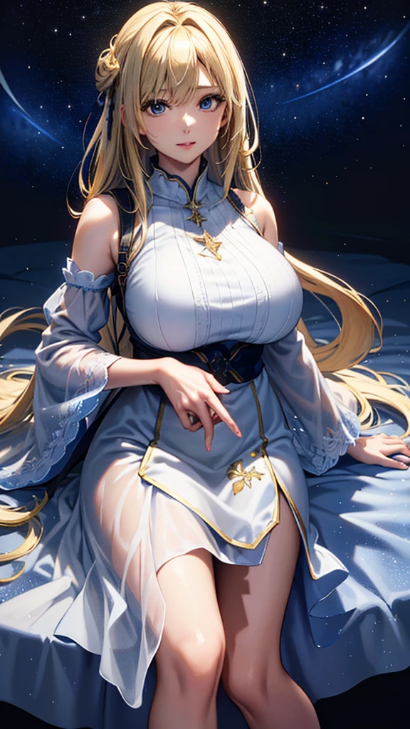 masterpiece, high quality, 4K, Beautiful design, silhouette，blonde， 非常に詳細な夜のStarry Sky,Glass Kingdom，Glass World，Glass Castle， wonderful, Finer details,  Very knowledgeable woman, Highly detailed solo, 1 female,Big Breasts， Pure white dress，Night view，Starry Sky，