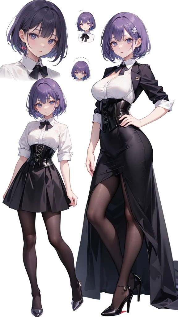 Purple Hair,short hair,Adult female,(suit),White Y-shirt,((Rolling up his sleeves)),(corset),(Black tight skirt),(High heels),Heels are visible,((Simple white background)),smile,((whole body)),((full body)),Character Sheet,