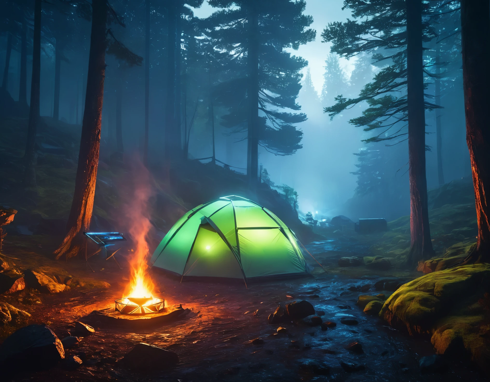 a cyberpunk outdoor camping scene, futuristic tent, glowing campfire, neon lights, science fiction technology, high-tech gear, moody atmosphere, dramatic lighting, rugged terrain, misty forest, (best quality,4k,8k,highres,masterpiece:1.2),ultra-detailed,(realistic,photorealistic,photo-realistic:1.37),cinematic,dramatic lighting,glowing neon,moody atmosphere,science fiction,cyberpunk,futuristic,high-tech,dramatic lighting,rugged landscape,misty forest