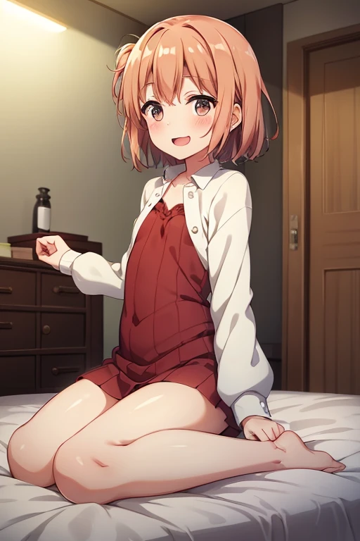 ((highest quality)), ((masterpiece)), (be familiar with), Perfect Face, indoor, Bedroom, Watching the audience,
One woman, Yuigahama Yui,
Open Mouth, Ecstatic expression, blush, smile,
Small breasts, Flat Chest, Young Girl, , , Girl,
Short Hair, Salmon-colored hair, Salmon-colored eyes, Side Pony,
Leg spread,