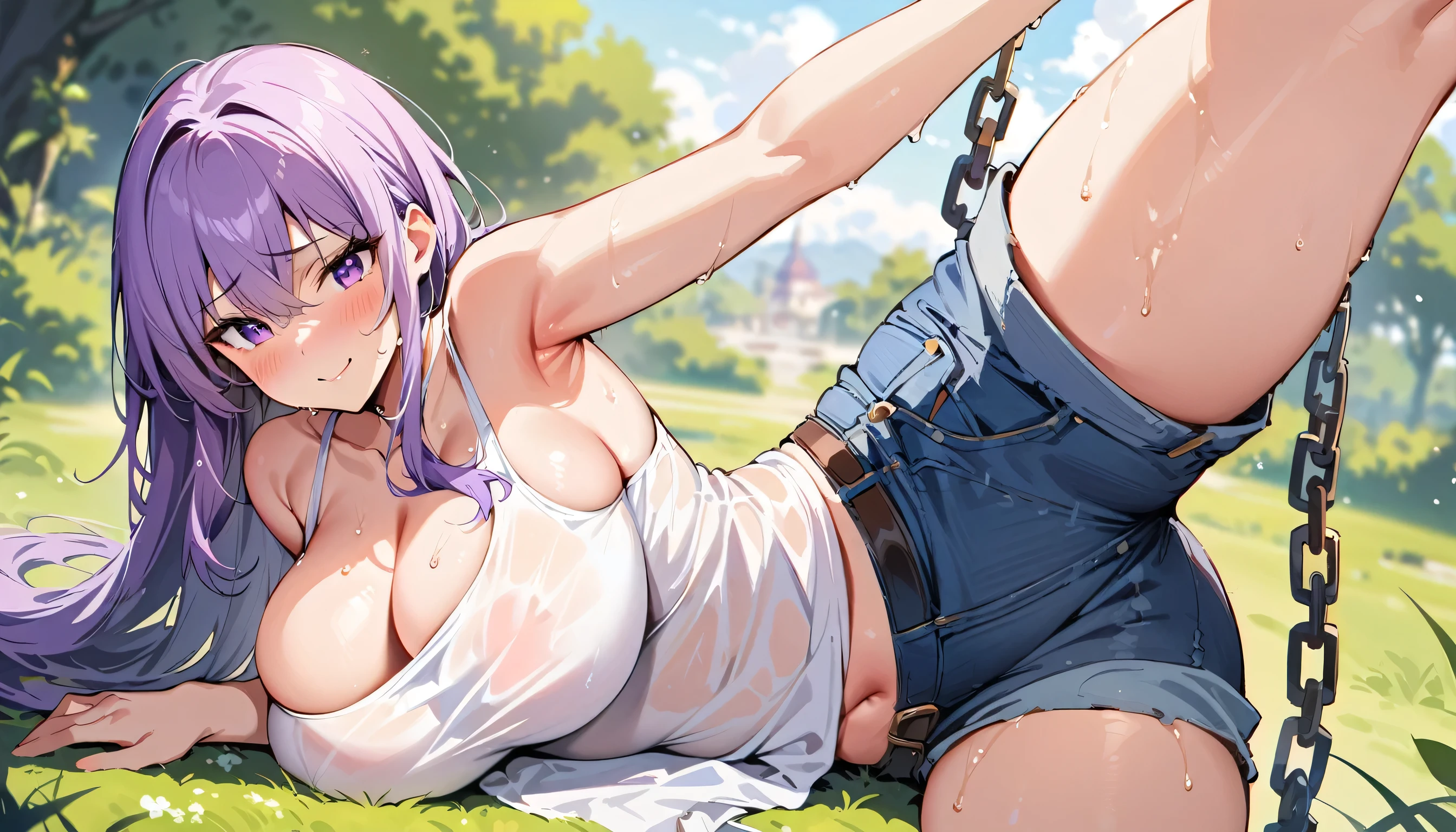 (masterpiece, best quality:1.2), 1girl, solo,standing_split, 
long hair, White sleeveless tank top，blue denim shorts, purple hair girl, small girl, one girl, purple wedding dress, face on camera, tight shirt, show large chest, dark isekai, shy girl, pitiful face, face forward to camera, asking pose, pink cheeks, half body, body on big chain, smile, purple eyes, no nails, pink blushes, lying on grass, very big breast, cleavage, wet breast, leg_up