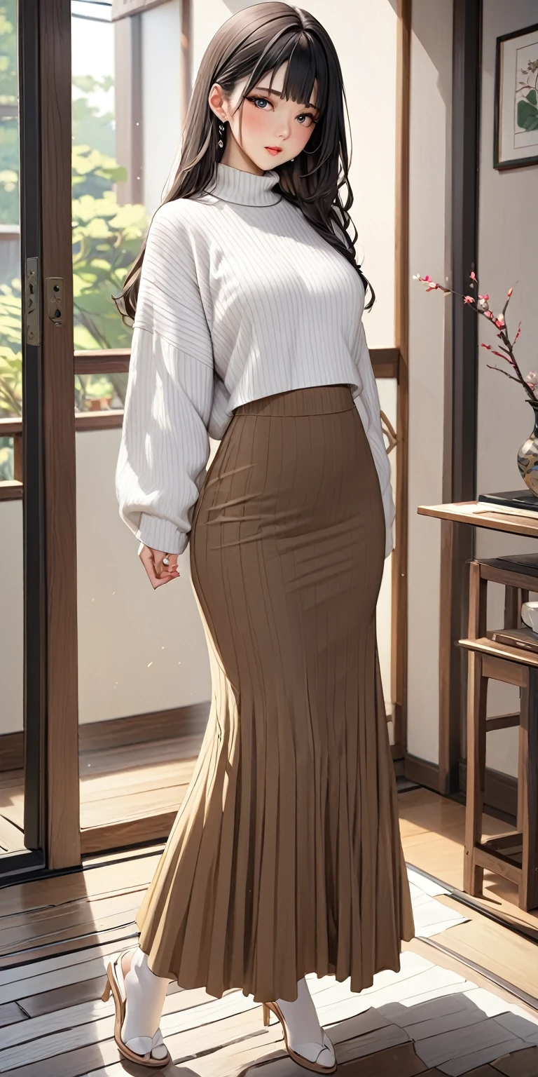 (masterpiece,highest quality,超A high resolution),Japanese women, (((Very beautiful 25 year old girl))),White mermaid-style high-waisted long skirt、The length of the skirt is up to the ankle、The skirt fits snugly to the body、Long sleeve sweater