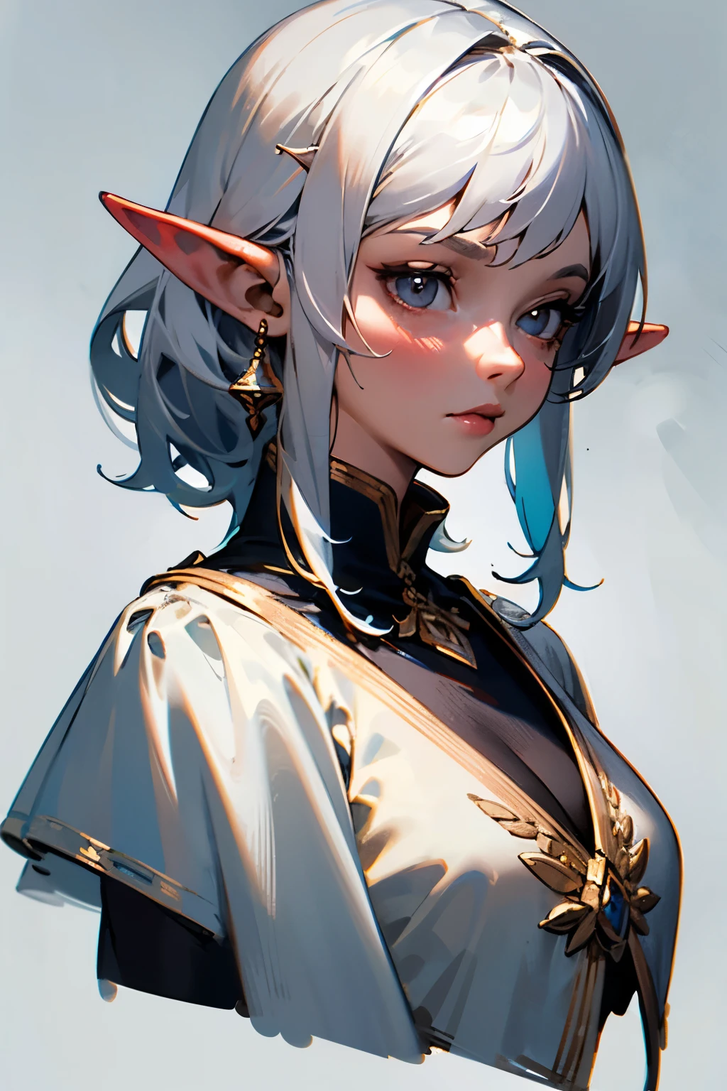 An elven woman with silver hair and short, pointed ears.,Large bust, Plain background, Ultra HD, 8k