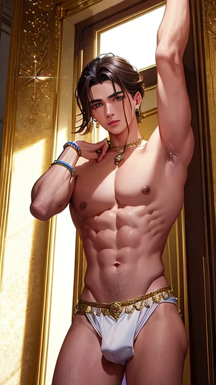 High Art - Portrait of Apollo, god of love and beautyand a beautiful young man Cypress, 18 years old, ideal build, round soft buttocks ! His beauty is incredible . body structure - perfection ! Handsome young man . naked. only a loincloth . perfect chest muscles and big nipples on the chest . Emerald eyes . blonde hair ,on the neck there is a gold chain with a sparkling pendant and on the hand there is a sparkling bracelet. In the Golden Palace ! top quality.