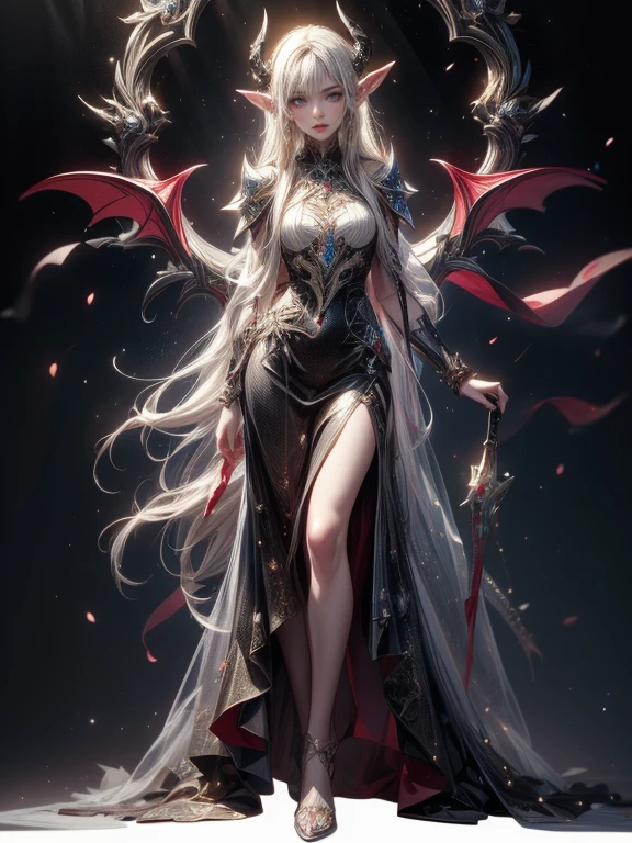 (anime face) (complex clothing details) (best quality) (masterpiece) female adult elf with dark blonde hair wearing a beautiful glowing dress with demonic Accessoires and gemstones and black silver armor details, wearing a beautiful glowing dress with demonic Accessoires and gemstones and black silver armor details, demon horns, purple armor, full body, wizard dress, elven dress