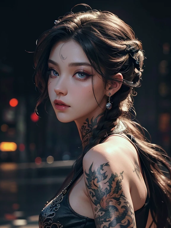 Beautiful girl with dragon tattoo on body, detailed tattoo art, highly detailed face and skin, beautiful eyes, long eyelashes, full lips, realistic dragon design, cinematic composition, vibrant colors, background European cityscape, digital painting, 8K, photorealistic, masterpiece