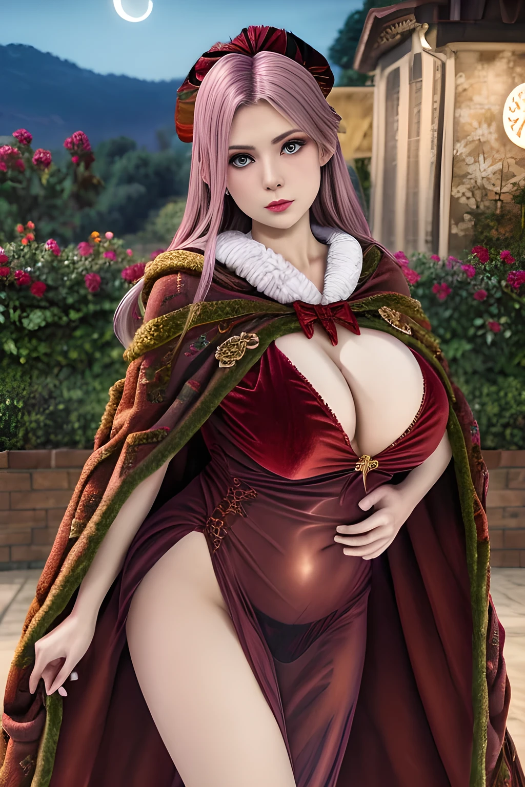 1girl,(RED theme: 1.2), (Velvet fabric nightgown: 1.2), (Koch snowflake cloak: 1.5), ,garden,moon,huge breasts,lactating,(lip gloss),(masterpiece), best quality, (real life portrait photography:1.5),unltra detailed,8K,Shot with a professional-grade camera like the Nikon D850,every intricate detail is captured, from the subtlest expression to the glimmer of anticipation in her eyes,Focus on thighs and above,solo,  elise,