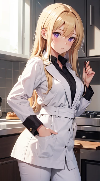 highres, masterpiece, nakiri erina, shokugeki no souma, blond, solo, 1girl, cute, detailed eyes, long hair, purple eyes, chef outfit, white jacket, white pants